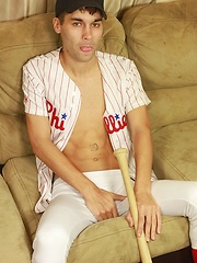 Athletic stud London Sawyer jerks off after baseball game.