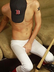 Athletic stud London Sawyer jerks off after baseball game.